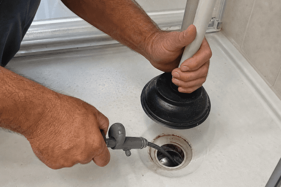 mains utilisant ventouse pour déboucher bonde évacuation
