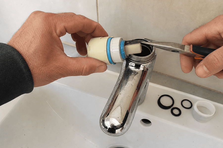 gros plan démontage cartouche robinet mitigeur mains