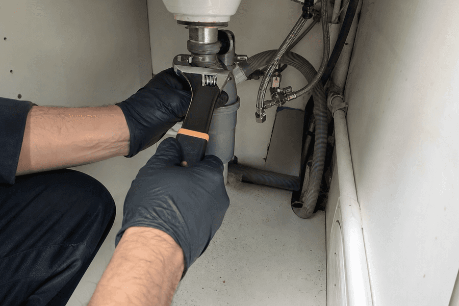 mains resserrant raccord sous évier dans meuble étroit